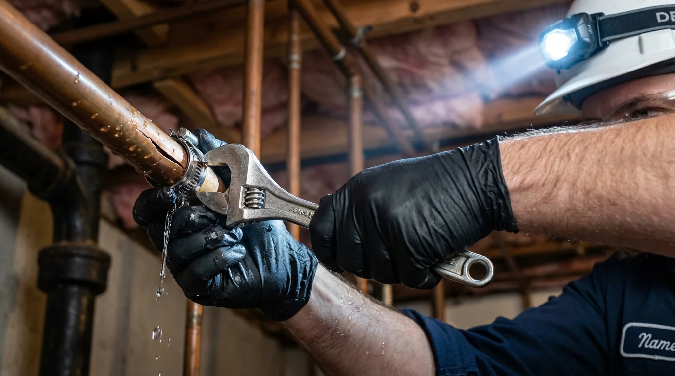 Emergency pipe clamp repair being performed by a Johns Plumbing LLC plumber in Bridgehampton