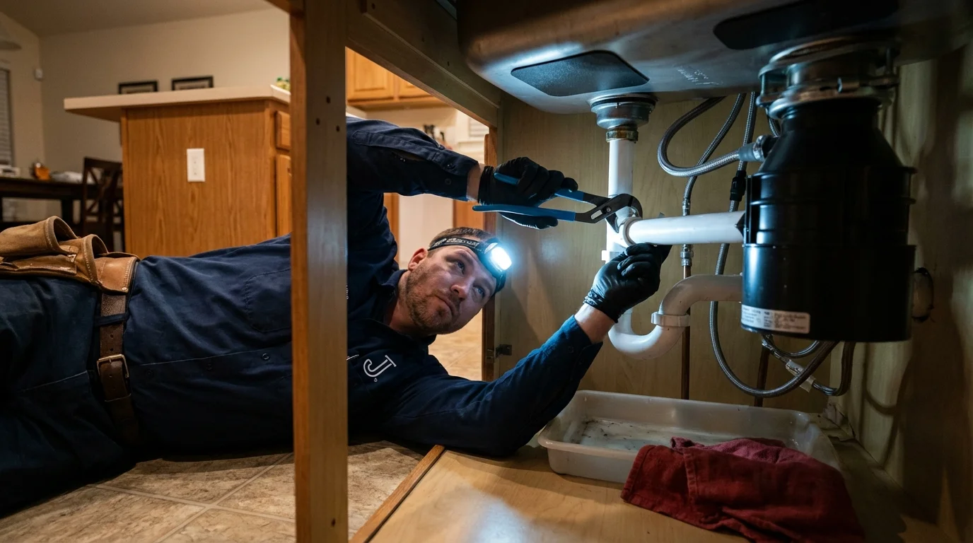 P-trap and supply line connections under a kitchen sink showing a common leak point in Bridgehampton, NY
